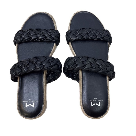 Marc Fisher Jaimee Braided Flat Espadrille Slip On Sandal Size 8 Black Leather - Picture 5 of 10